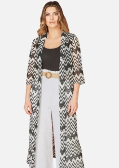 Yumi Black Zig Zag Crochet Long Knitted Kimono