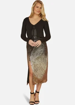 Yumi Black/Gold Sequin Split Fitted Midi Skirt