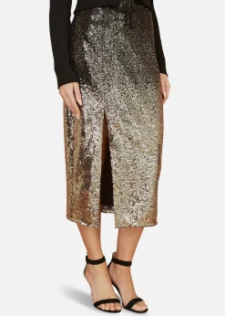 Yumi Black/Gold Sequin Split Fitted Midi Skirt