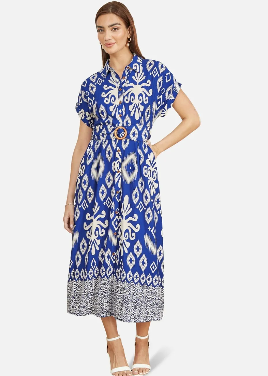 Yumi Blue Abstract Geo Print Relaxed Midi Shirt Dress With Belt