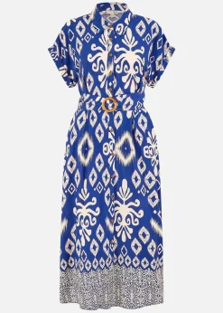 Yumi Blue Abstract Geo Print Relaxed Midi Shirt Dress With Belt