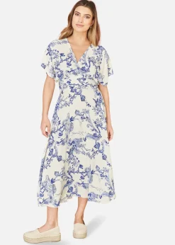 Yumi Blue And White Print Ruched Waist Kimono Midi Dress