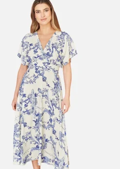 Yumi Blue And White Print Ruched Waist Kimono Midi Dress