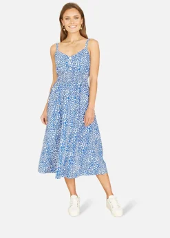 Yumi Blue Animal Print Midi Sundress With Ruched Waist