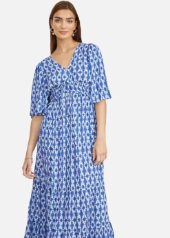 Yumi Blue Aztec Print Maxi Dress With Cross Over Back