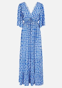 Yumi Blue Aztec Print Maxi Dress With Cross Over Back