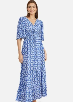 Yumi Blue Aztec Print Maxi Dress With Cross Over Back
