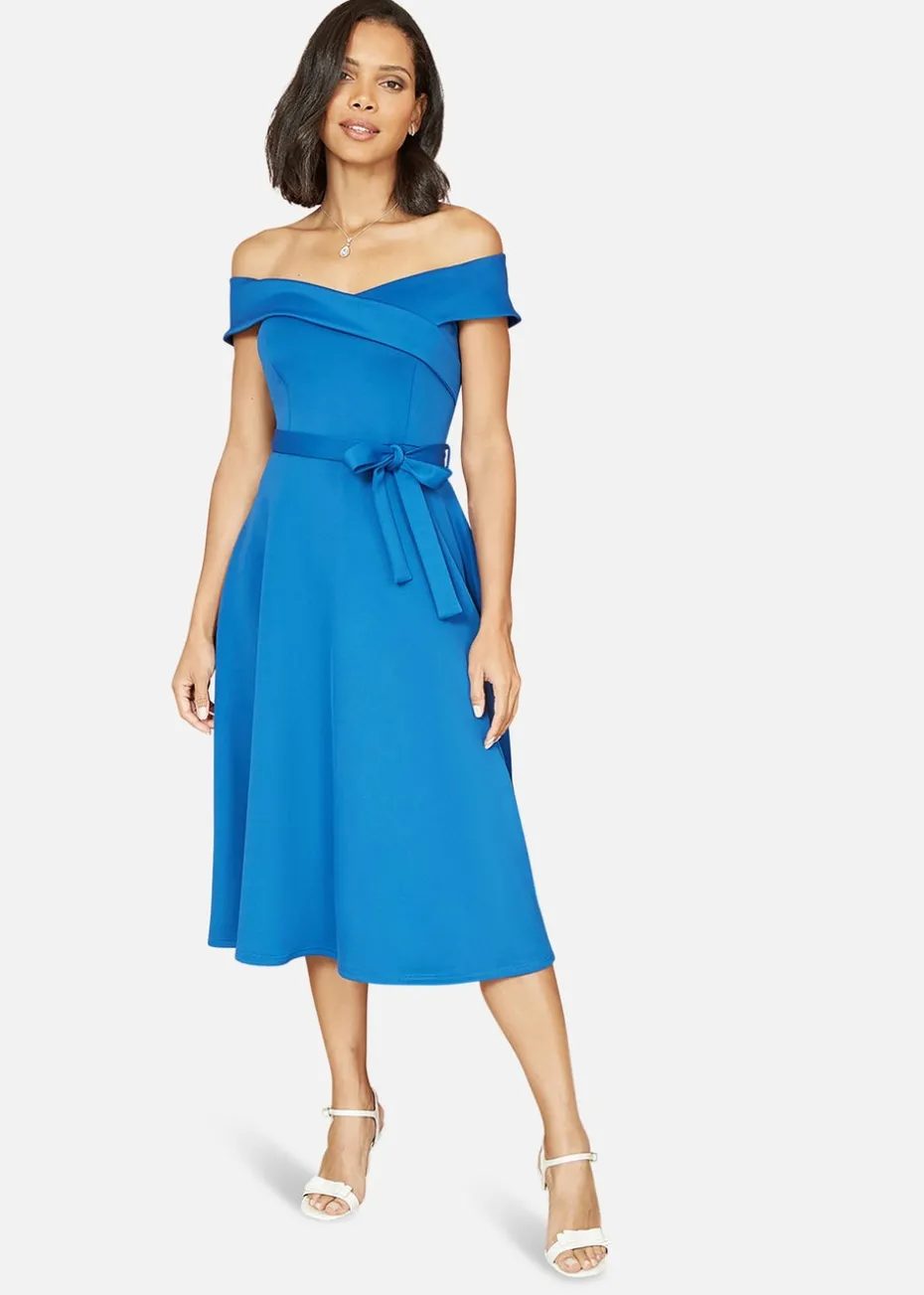 Yumi Blue Bardot Stretch Midi Skater Dress