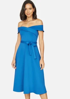 Yumi Blue Bardot Stretch Midi Skater Dress