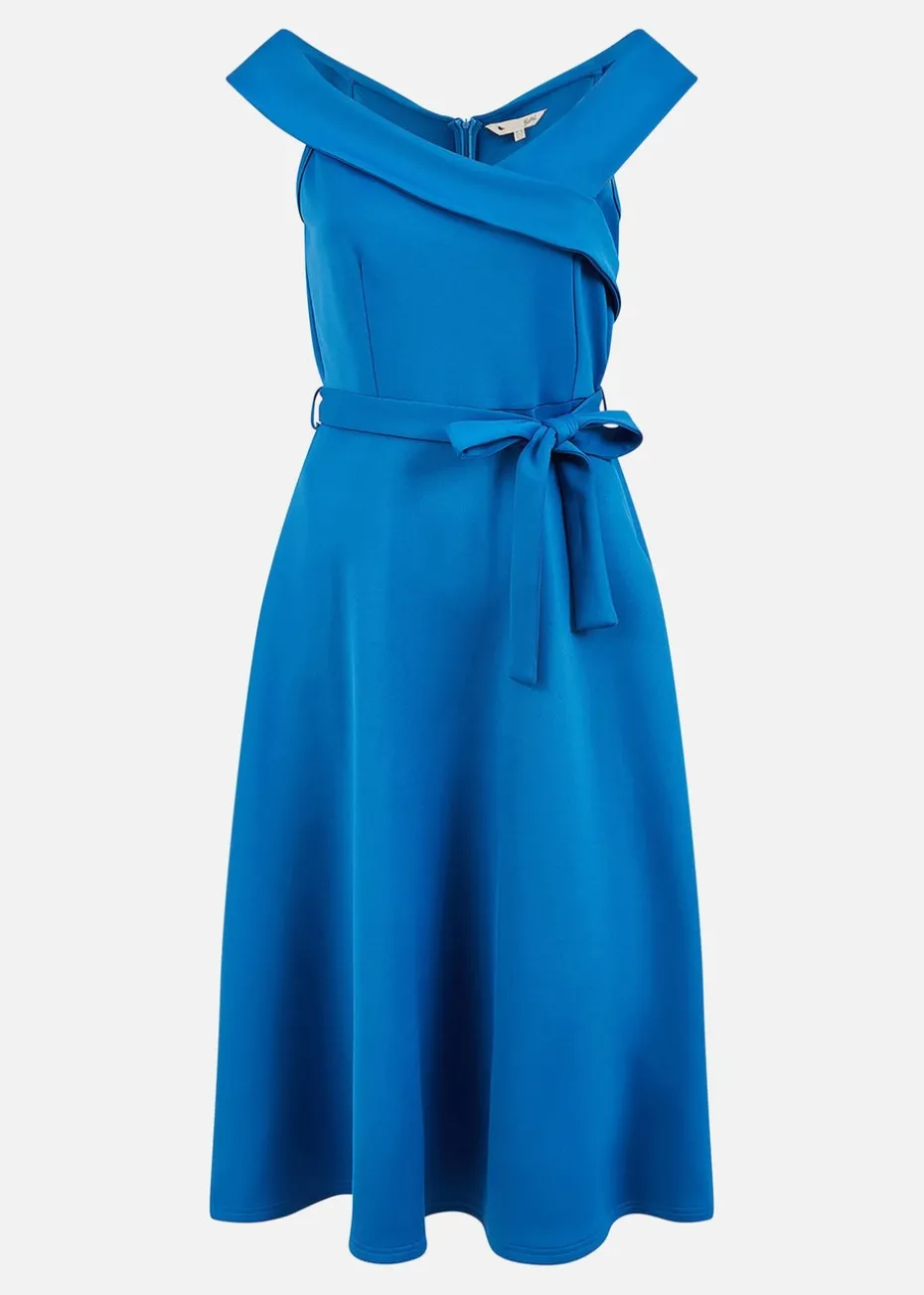 Yumi Blue Bardot Stretch Midi Skater Dress