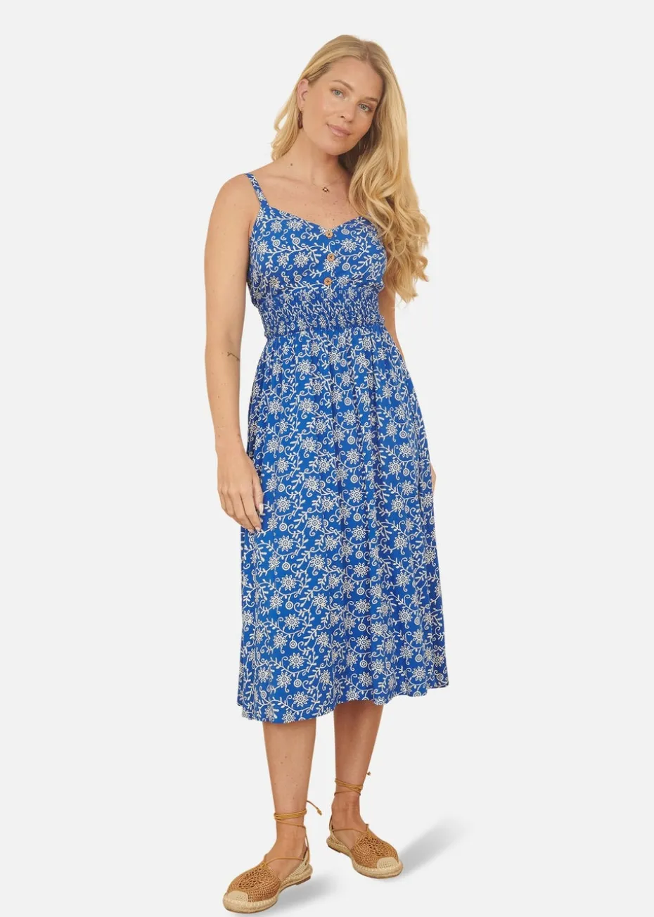 Yumi Blue Block Print Midi Sun Dress With Button Details