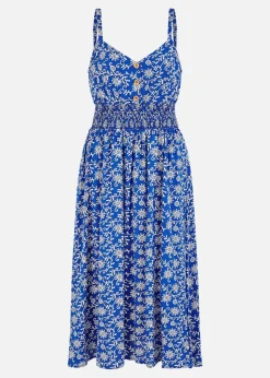 Yumi Blue Block Print Midi Sun Dress With Button Details