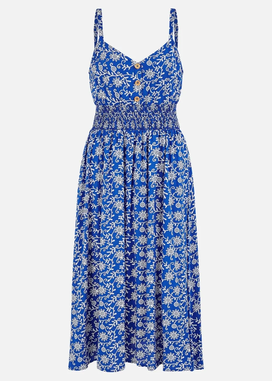 Yumi Blue Block Print Midi Sun Dress With Button Details