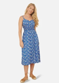 Yumi Blue Block Print Midi Sun Dress With Button Details