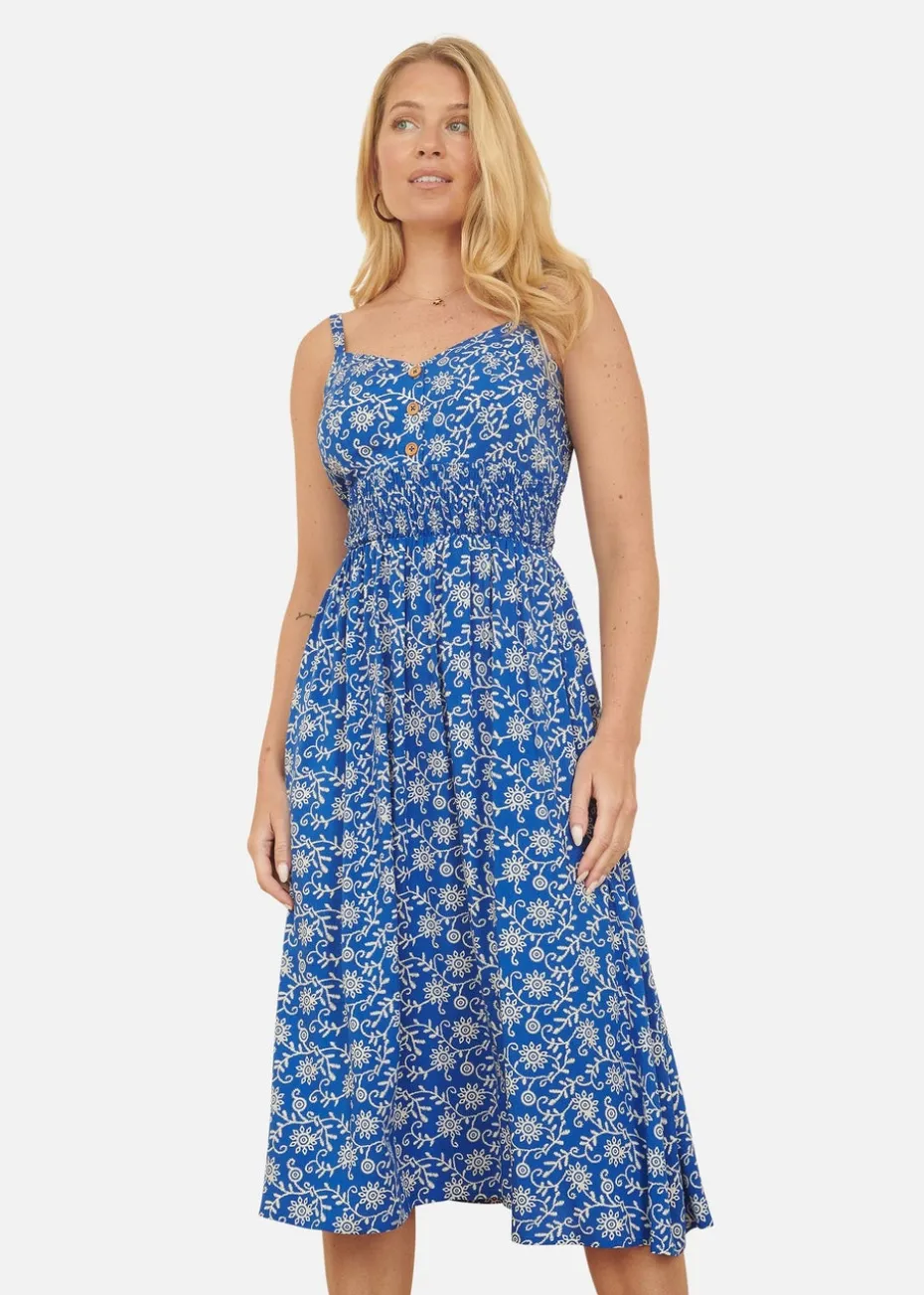 Yumi Blue Block Print Midi Sun Dress With Button Details
