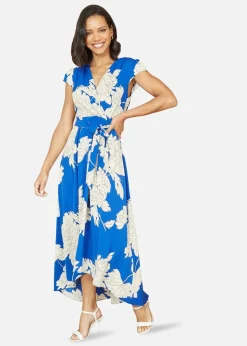 Yumi Blue Blossom Print Wrap Midi With Dipped Hem