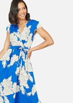 Yumi Blue Blossom Print Wrap Midi With Dipped Hem