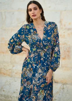 Yumi Blue Butterly Floral Tie Knot Front Long Sleeve Midi Dress