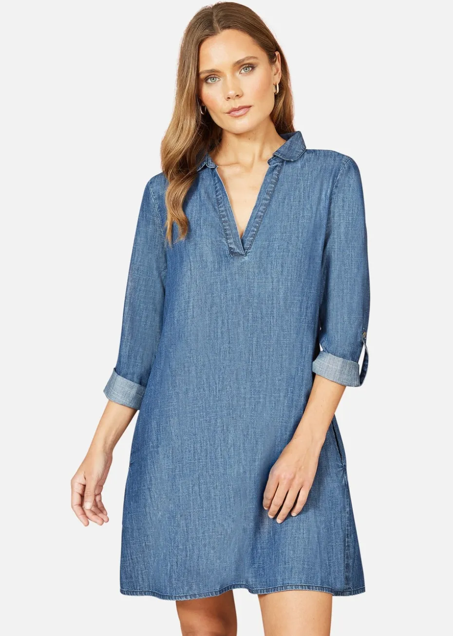 Yumi Blue Chambray Cotton Tunic With Pockets