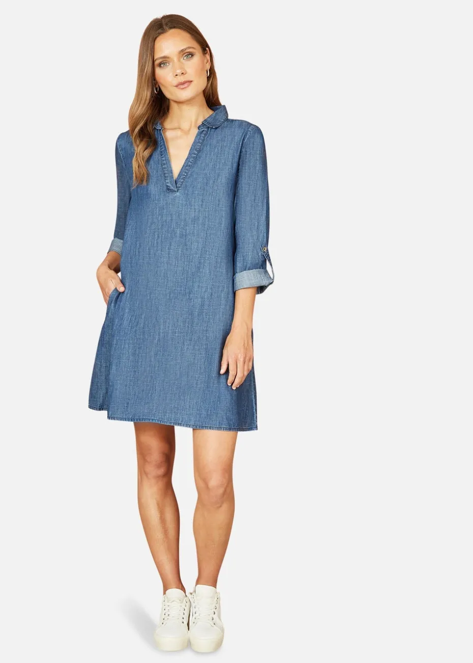 Yumi Blue Chambray Cotton Tunic With Pockets