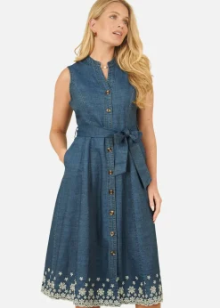 Yumi Blue Chambray Cotton Midi Embroidered Shirt Dress