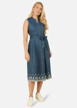 Yumi Blue Chambray Cotton Midi Embroidered Shirt Dress
