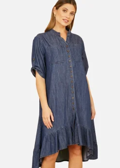 Yumi Blue Chambray Denim Dip Hem Relaxed Fit Shirt Dress