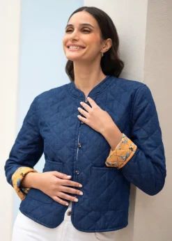 Yumi Blue Chambray Quilted Jacket With Reversible Floral Lining