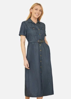 Yumi Blue Chambray Utility Midi Denim Shirt Dress
