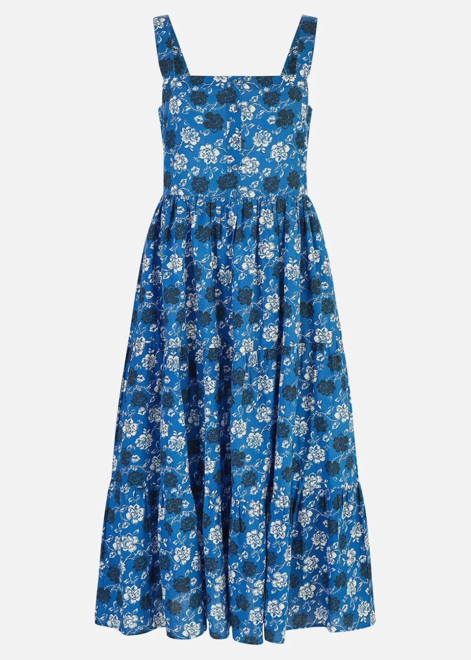 Yumi Blue Cotton Voile Floral Strappy Midi Sun Dress