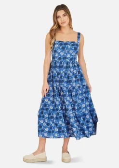 Yumi Blue Cotton Voile Floral Strappy Midi Sun Dress