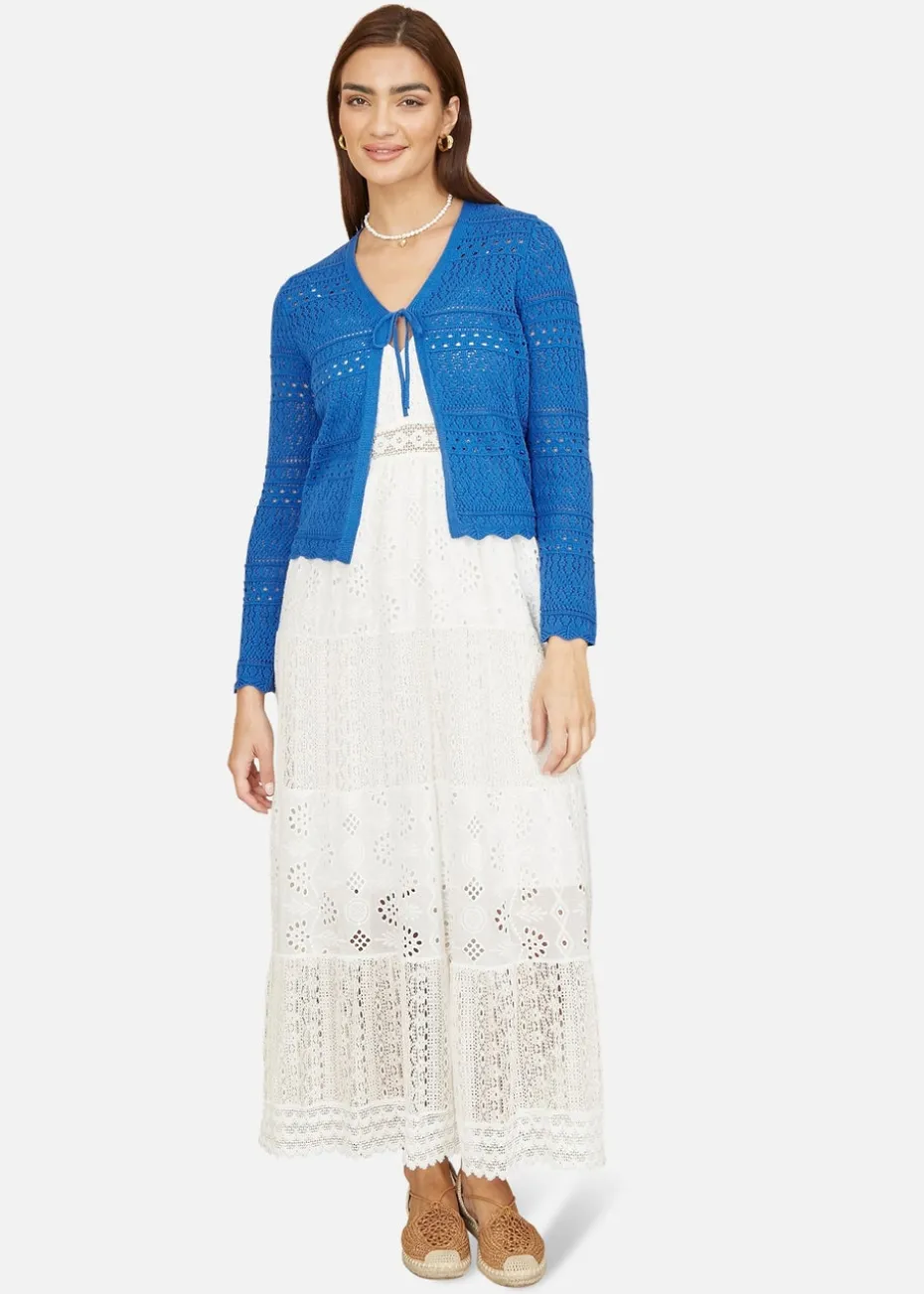Yumi Blue Crochet Tie Front Cardigan