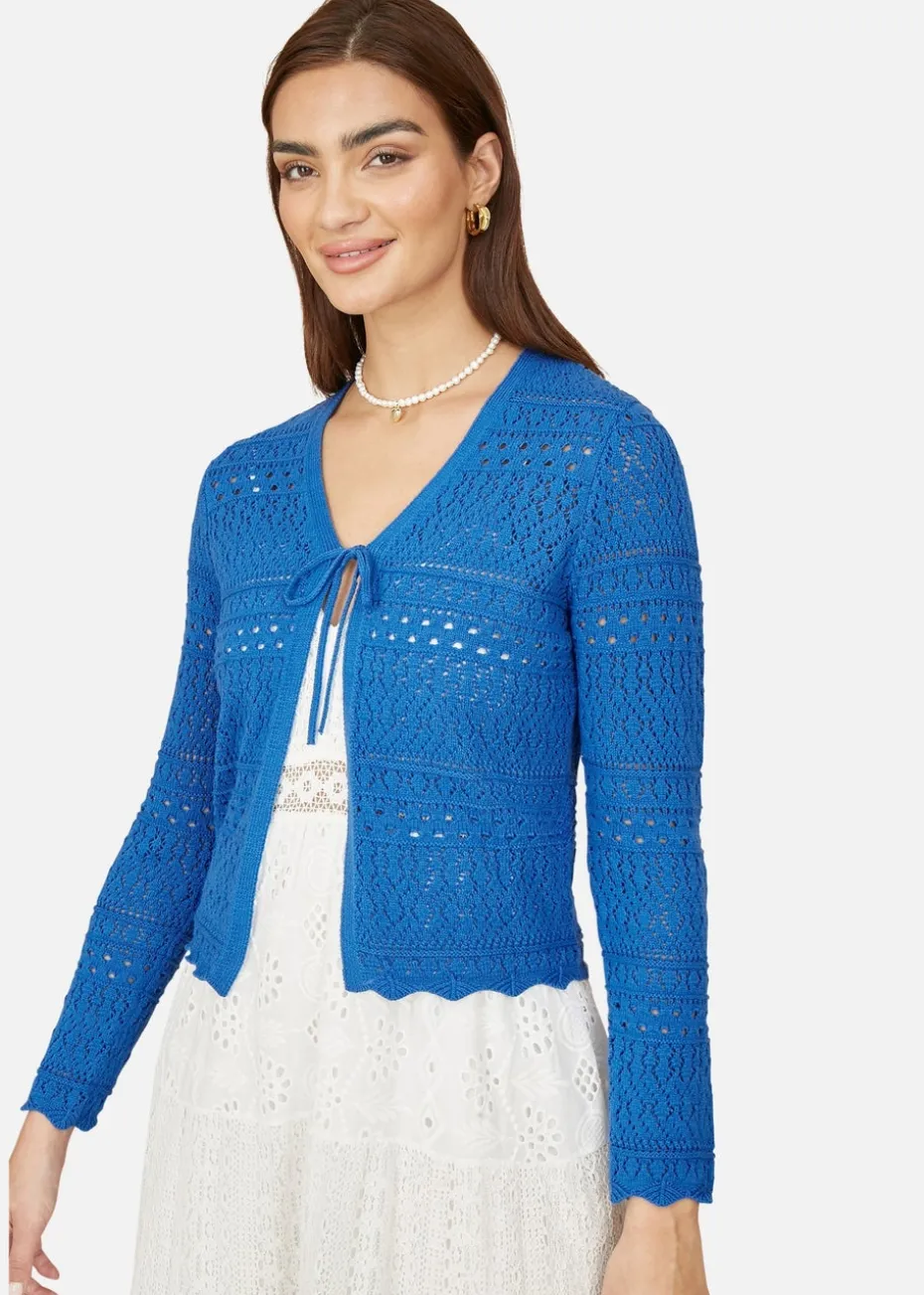 Yumi Blue Crochet Tie Front Cardigan