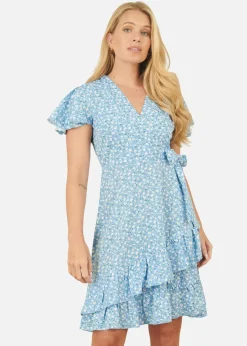 Yumi Blue Ditsy Floral Wrap Frill Dress