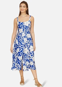 Yumi Blue Floral Button Through Midi Dress