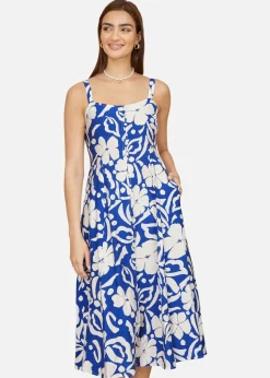 Yumi Blue Floral Button Through Midi Dress