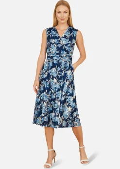 Yumi Blue Floral Mesh Wrap Skater Dress With Pockets