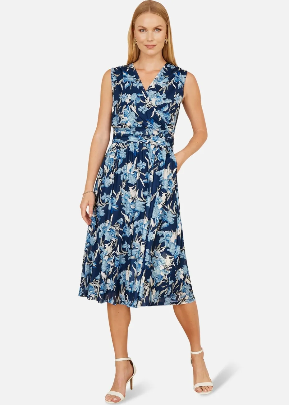 Yumi Blue Floral Mesh Wrap Skater Dress With Pockets