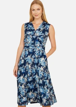 Yumi Blue Floral Mesh Wrap Skater Dress With Pockets