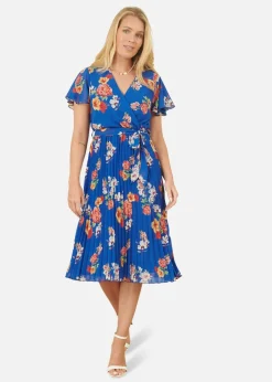 Yumi Blue Floral Pleated Wrap Dress