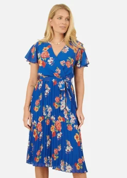Yumi Blue Floral Pleated Wrap Dress