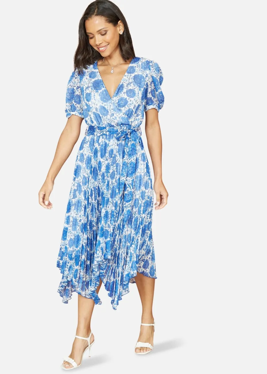 Yumi Blue Floral Pleated Midi Dress With Puff Sleeves