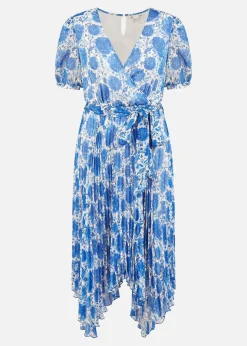 Yumi Blue Floral Pleated Midi Dress With Puff Sleeves