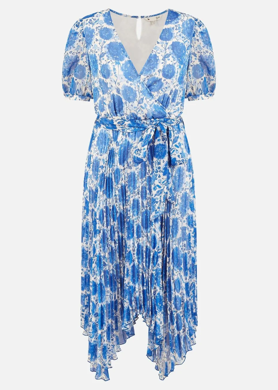 Yumi Blue Floral Pleated Midi Dress With Puff Sleeves