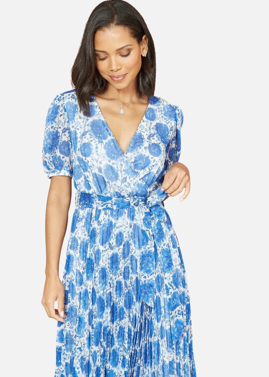 Yumi Blue Floral Pleated Midi Dress With Puff Sleeves