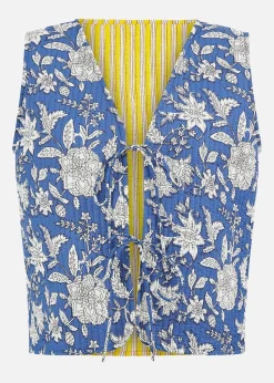 Yumi Blue Floral Reversible Cotton Quilted Waistcoat