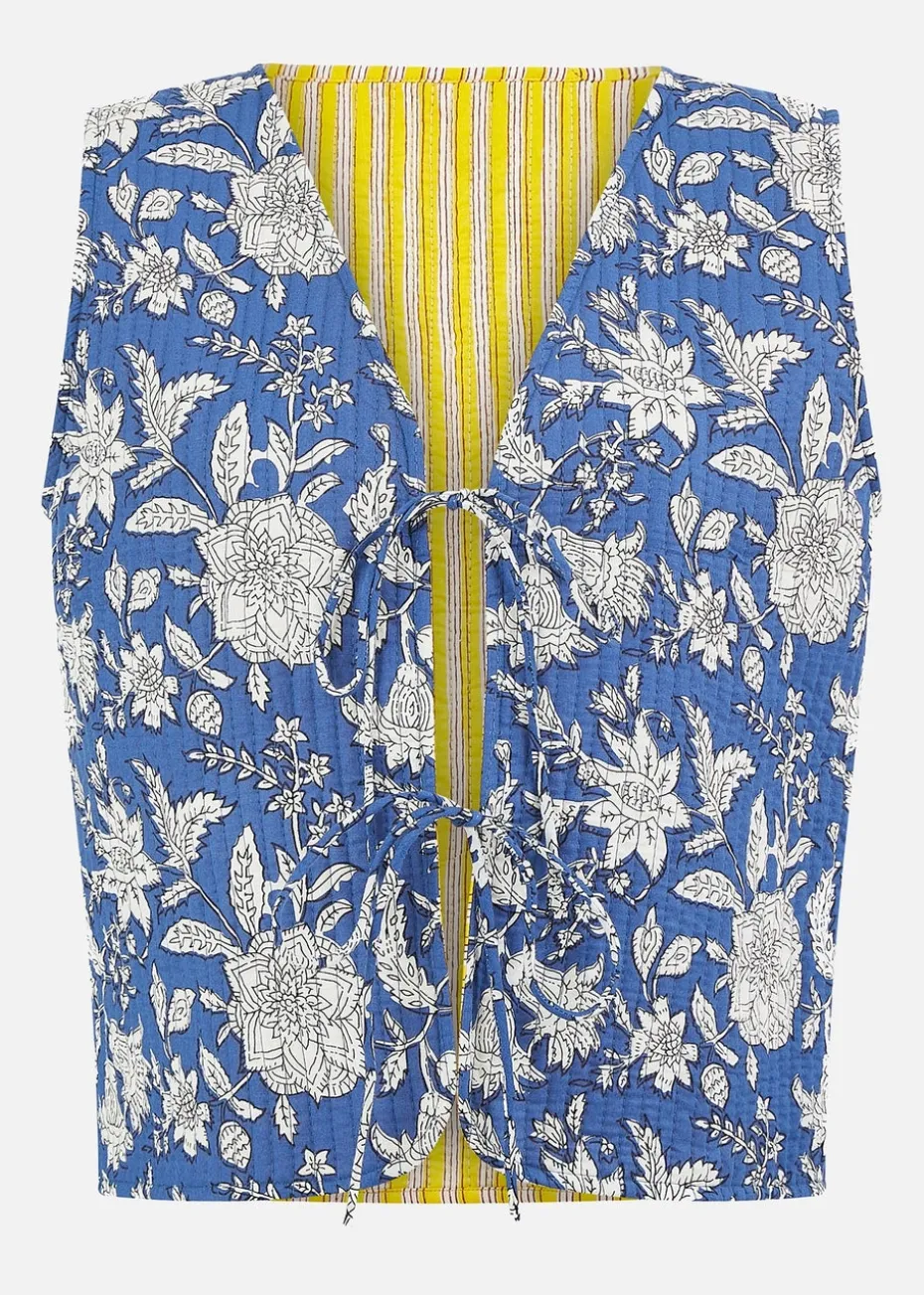 Yumi Blue Floral Reversible Cotton Quilted Waistcoat