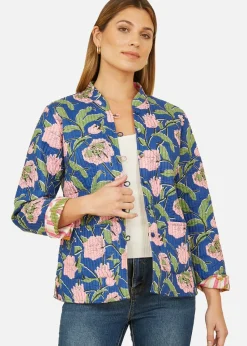 Yumi Blue Floral Reversible Cotton Quilted Jacket