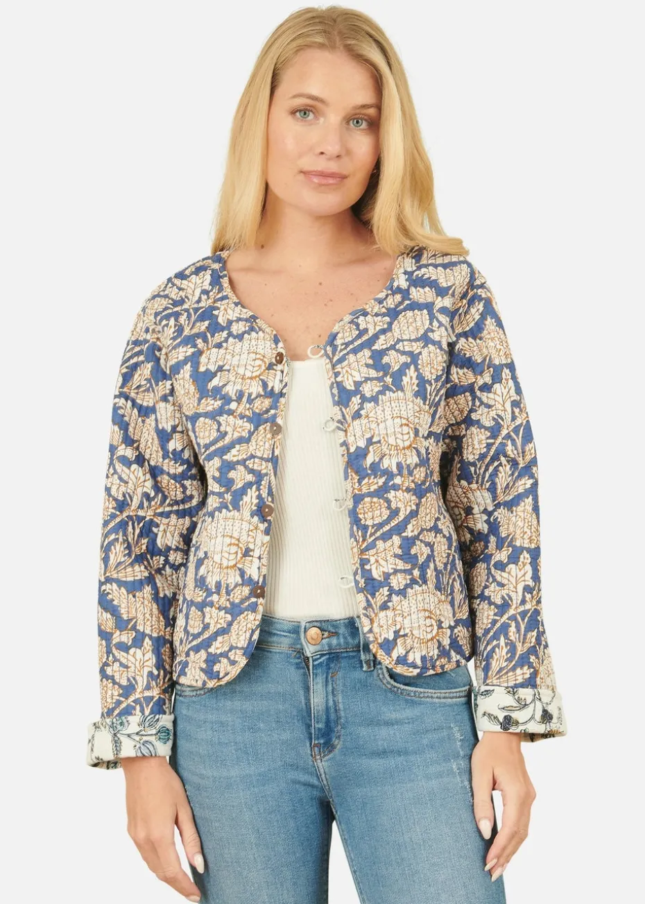 Yumi Blue Floral Reversible Cotton Quilted Jacket