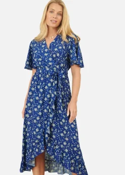 Yumi Blue Floral Wrap Dress With Frill Hem
